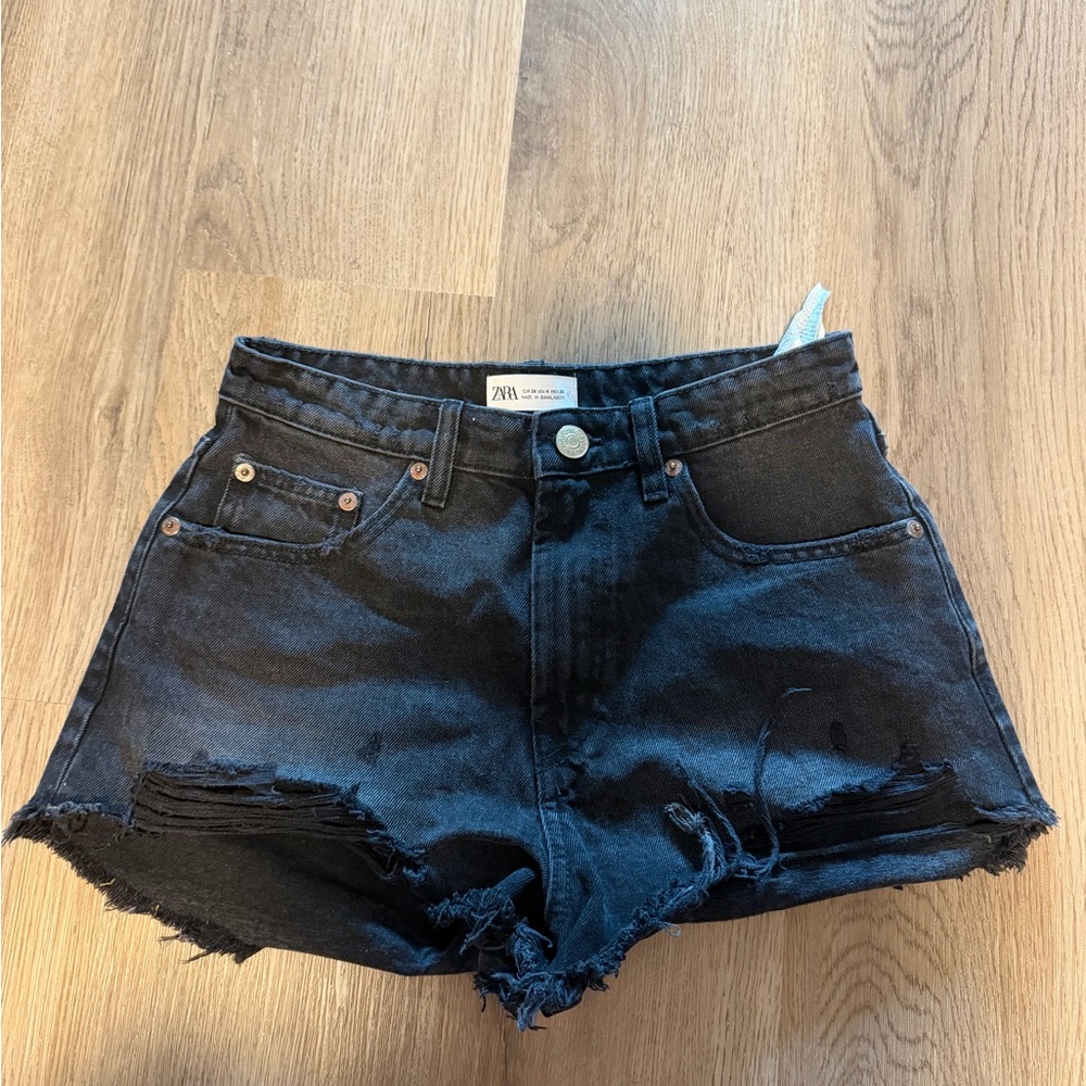 Zara Black Distressed High-Rise Jean Shorts
